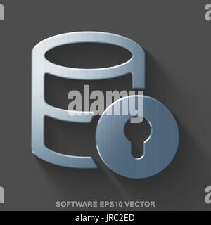 Flat metallic Database 3D icon. Polished Steel Database With Lock on Gray background. EPS 10, vector. Stock Vector