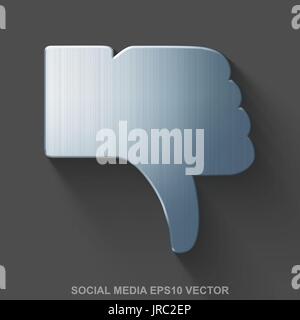 Flat metallic social network 3D icon. Polished Steel Thumb Down on Gray background. EPS 10, vector. Stock Vector