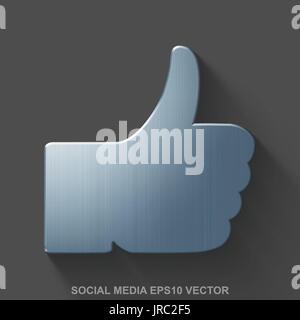 Flat metallic social network 3D icon. Polished Steel Thumb Up on Gray background. EPS 10, vector. Stock Vector