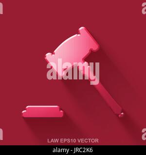Flat metallic law 3D icon. Red Glossy Metal Gavel on Red background. EPS 10, vector. Stock Vector