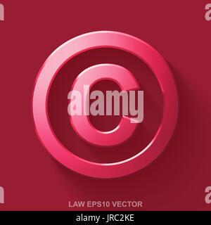Flat metallic law 3D icon. Red Glossy Metal Copyright on Red background. EPS 10, vector. Stock Vector