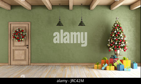 Rustic living room with christmas tree,gift box and wreath on wooden door - 3d rendering Stock Photo