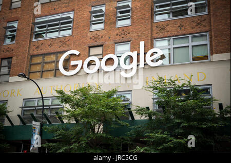 The sign on the Google offices in New York on Monday, July 24, 2017. Alphabet, the parent of Google, reported a second-quarter profit that dropped considerably from last year citing the $2.74 billion fine imposed by European antitrust regulators.(© Richard B. Levine) Stock Photo