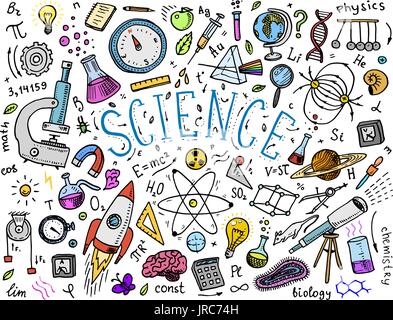 engraved hand drawn in old sketch and vintage style. scientific formulas and calculations in physics and mathematics, chemistry and biology or astronomy on whiteboard. Education and Science. Stock Vector