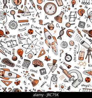 engraved hand drawn in old sketch and vintage style. scientific formulas and calculations in physics and mathematics or astronomy on whiteboard. Education and Science. Seamless pattern. Stock Vector