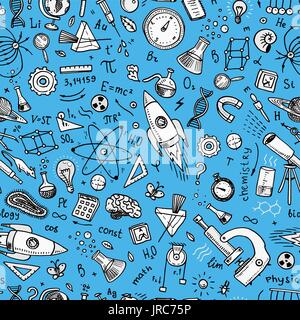 engraved hand drawn in old sketch and vintage style. scientific formulas and calculations in physics and mathematics or astronomy on whiteboard. Education and Science. Seamless pattern. Stock Vector