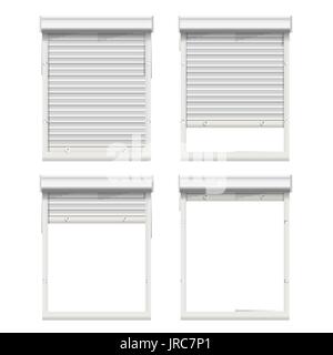 Vector Rolling Shutters. White Metallic Roller Shutter Isolated On White Background Illustration. Stock Vector