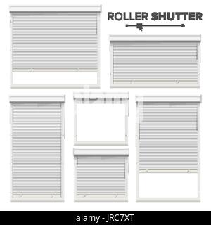 White Roller Shutters Vector. Window, Door, Garage, Storage Roller Shutters. Opened And Closed. Front View. Isolated Stock Vector