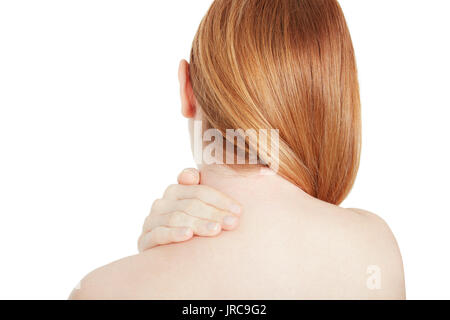 Neck pain, woman holding hand on painful area isolated on white, clipping path Stock Photo