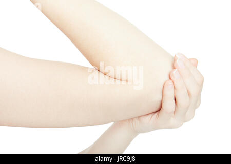 Woman arm with elbow pain and hand isolated on white, clipping path Stock Photo