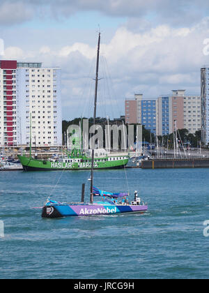 The Clipper 70 of team AkzoNobel preparing for the Volvo Clipper round the world yacht race in Portsmouth Harbour Stock Photo