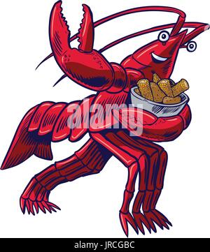 Vector cartoon clip art illustration of a crayfish, crawfish, crawdad, or lobster in the Heisman Trophy pose holding a bowl of Corn and Potatoes. Stock Vector