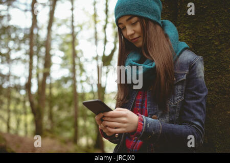 Smiling woman using digital tablet in forest Stock Photo
