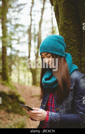 Smiling woman using digital tablet in forest Stock Photo