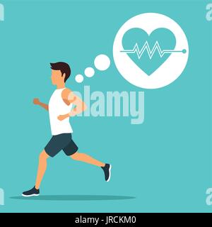 color background with sport man running with icons frame of silhouette heartbeat Stock Vector