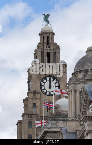 The top of the Liver and Cunard Building, two of the Three Graces on the Liverpool Waterfront Stock Photo