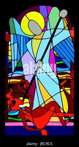 Digital illustration from original photo: Brussels, Belgium. National Basilica. Modern Stained glass window: St Michael vanquishing Satan Stock Photo