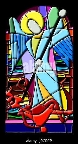 Digital illustration from original photo: Brussels, Belgium. National Basilica. Modern Stained glass window: St Michael vanquishing Satan Stock Photo