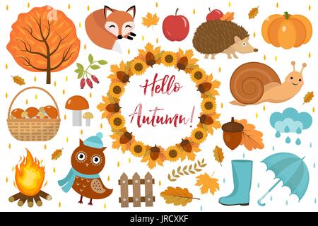 Hello Autumn icons set flat or cartoon style.Collection design elements  with leaves, trees, mushrooms, pumpkin, wild animals, umbrella and boots. Iso Stock Vector