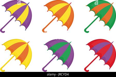 Umbrellas icon set, flat or cartoon style. Beach multicolored umbrella collection of design elements. Isolated on white background. Vector illustratio Stock Vector