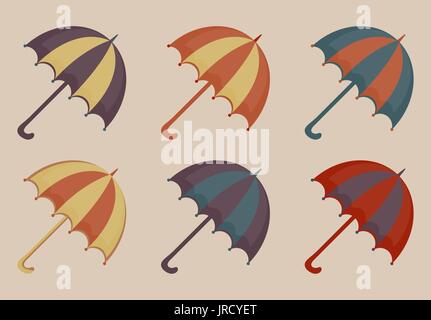 Umbrellas set of icons, vintage style. Beach multicolored umbrella retro collection of design elements. Vector illustration Stock Vector