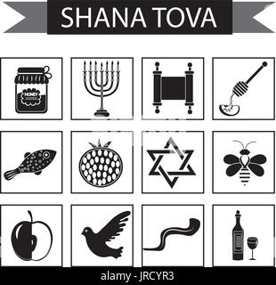 Set icons on the Jewish new year, black silhouette icon, Rosh Hashanah, Shana Tova. Cartoon icons flat style. Traditional symbols of Jewish culture. V Stock Vector