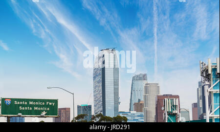 Santa Monica freeway sign with downtown Los Angeles on the background, California Stock Photo