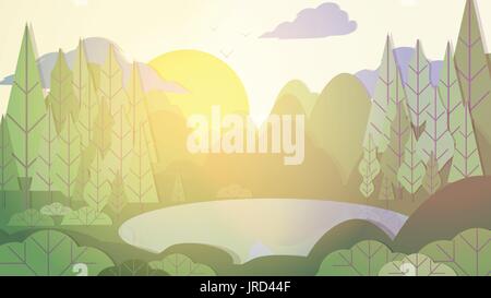 Paper-cut Style Applique Forest with Lake  - Vector Illustration Stock Vector