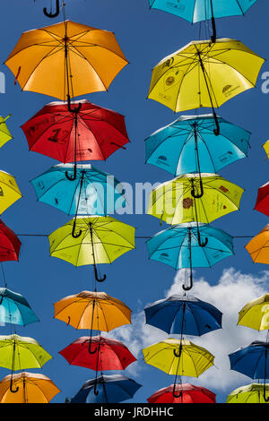 Two hundred colourful umbrellas suspended above a street in Liverpool city centre to raise awareness about ADHT. Stock Photo