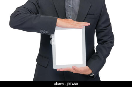 Businessman holding tablet in black suit on white background Stock Photo