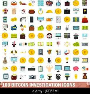 100 bitcoin investigation icons set, flat style Stock Vector