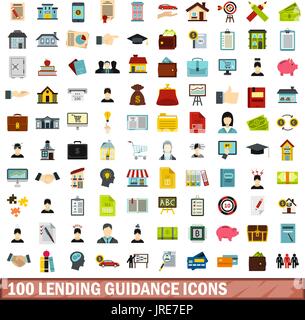 100 lending guidance icons set, flat style Stock Vector