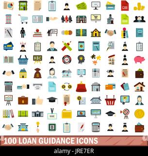 100 loan guidance icons set, flat style Stock Vector