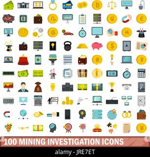 100 mining investigation icons set, flat style Stock Vector