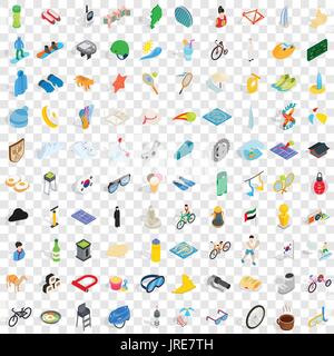 100 active life icons set, isometric 3d style Stock Vector