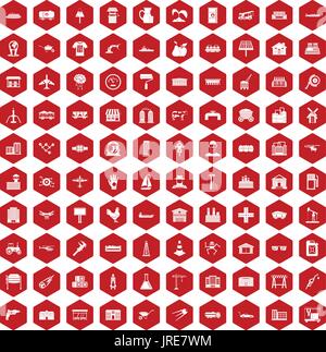 100 industry icons hexagon red Stock Vector
