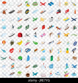 100 adventure icons set, isometric 3d style Stock Vector