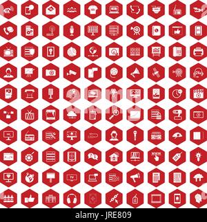 100 information technology icons hexagon red Stock Vector