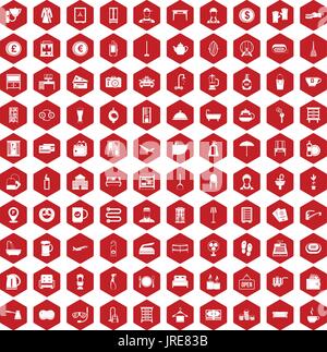 100 inn icons hexagon red Stock Vector