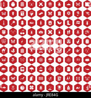 100 insects icons hexagon red Stock Vector