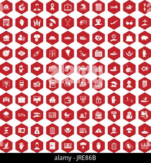 100 insurance icons hexagon red Stock Vector