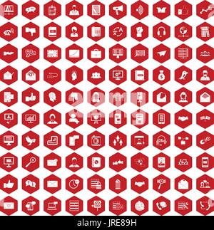 100 interaction icons hexagon red Stock Vector