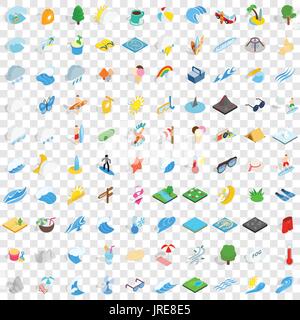 100 aqua icons set, isometric 3d style Stock Vector