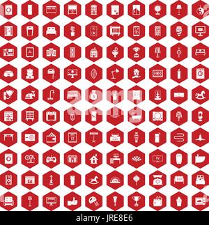 100 interior icons hexagon red Stock Vector