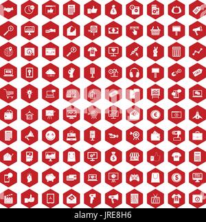100 internet marketing icons hexagon red Stock Vector