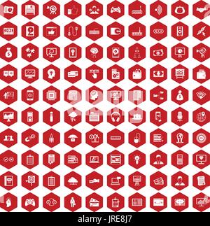 100 IT business icons hexagon red Stock Vector