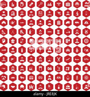 100 job icons hexagon red Stock Vector