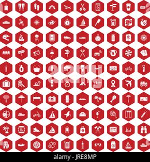 100 journey icons hexagon red Stock Vector