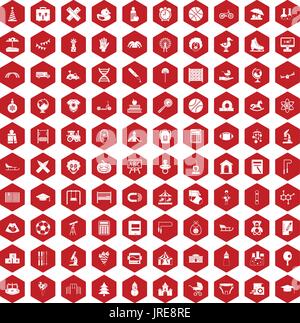 100 kids icons hexagon red Stock Vector