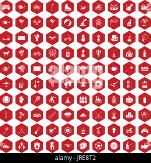 100 kids activity icons hexagon red Stock Vector